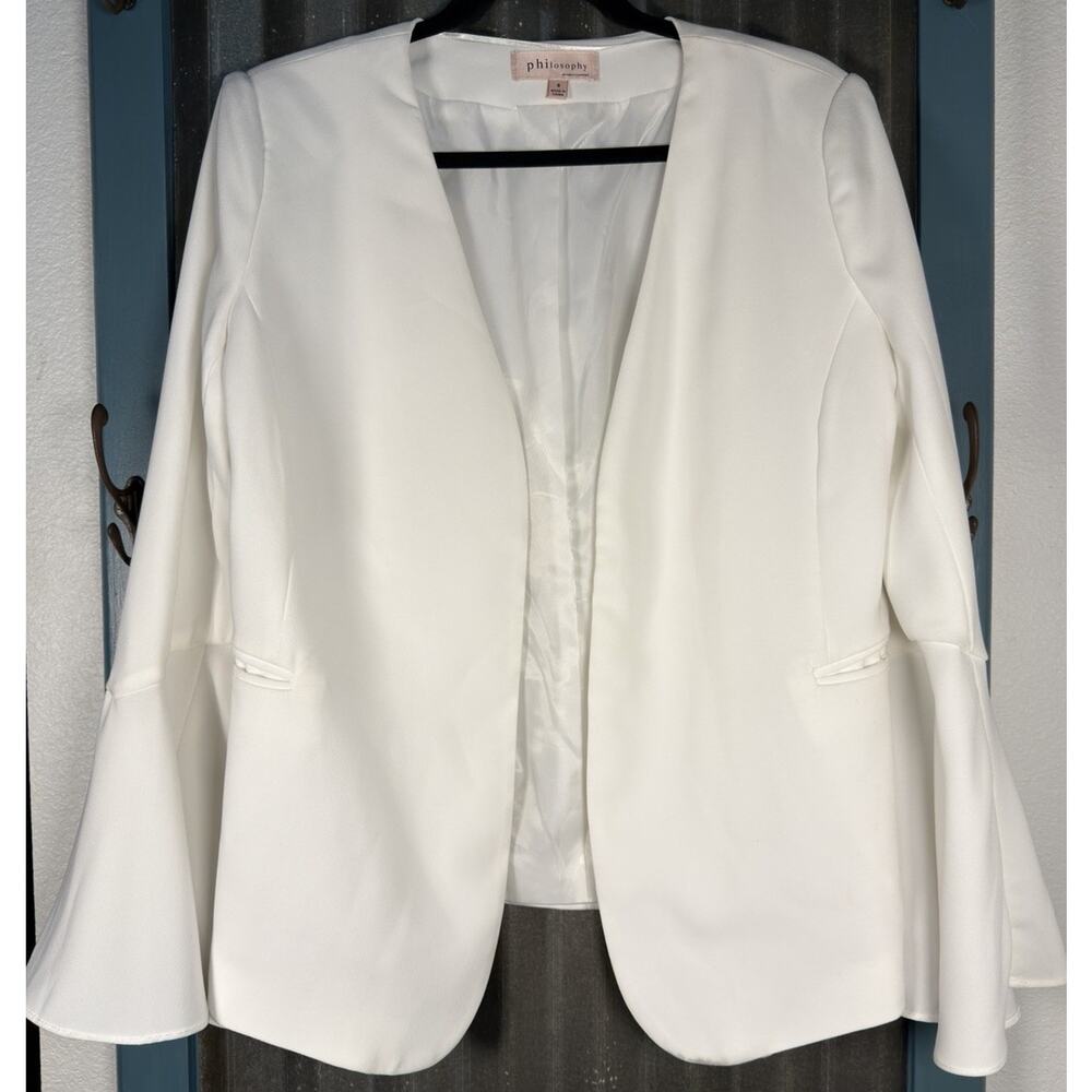 Philosophy Womens White Flare Sleeve Blazer Jacket Size 8 Collarless Open Front